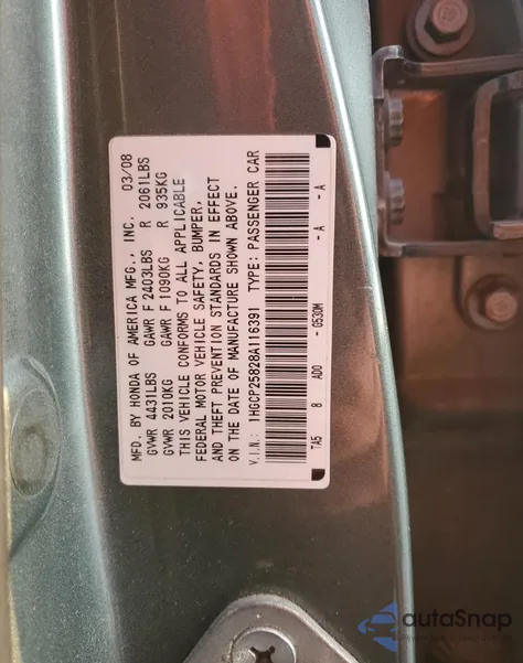 2008 Honda Accord Exl from USA, damaged, VIN 1HGCP25828A116391